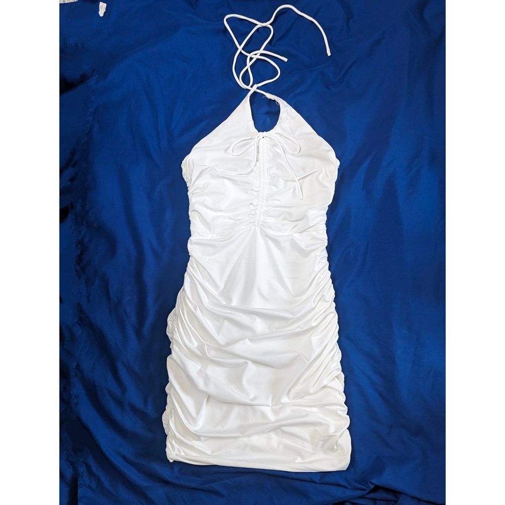 PRINCESS POLLY White Ruched Halter Mini Dress Size 4 EUC stretch lined